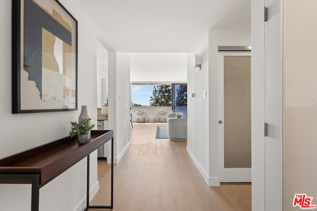 a hallway with white doors wooden floor and a potted plant