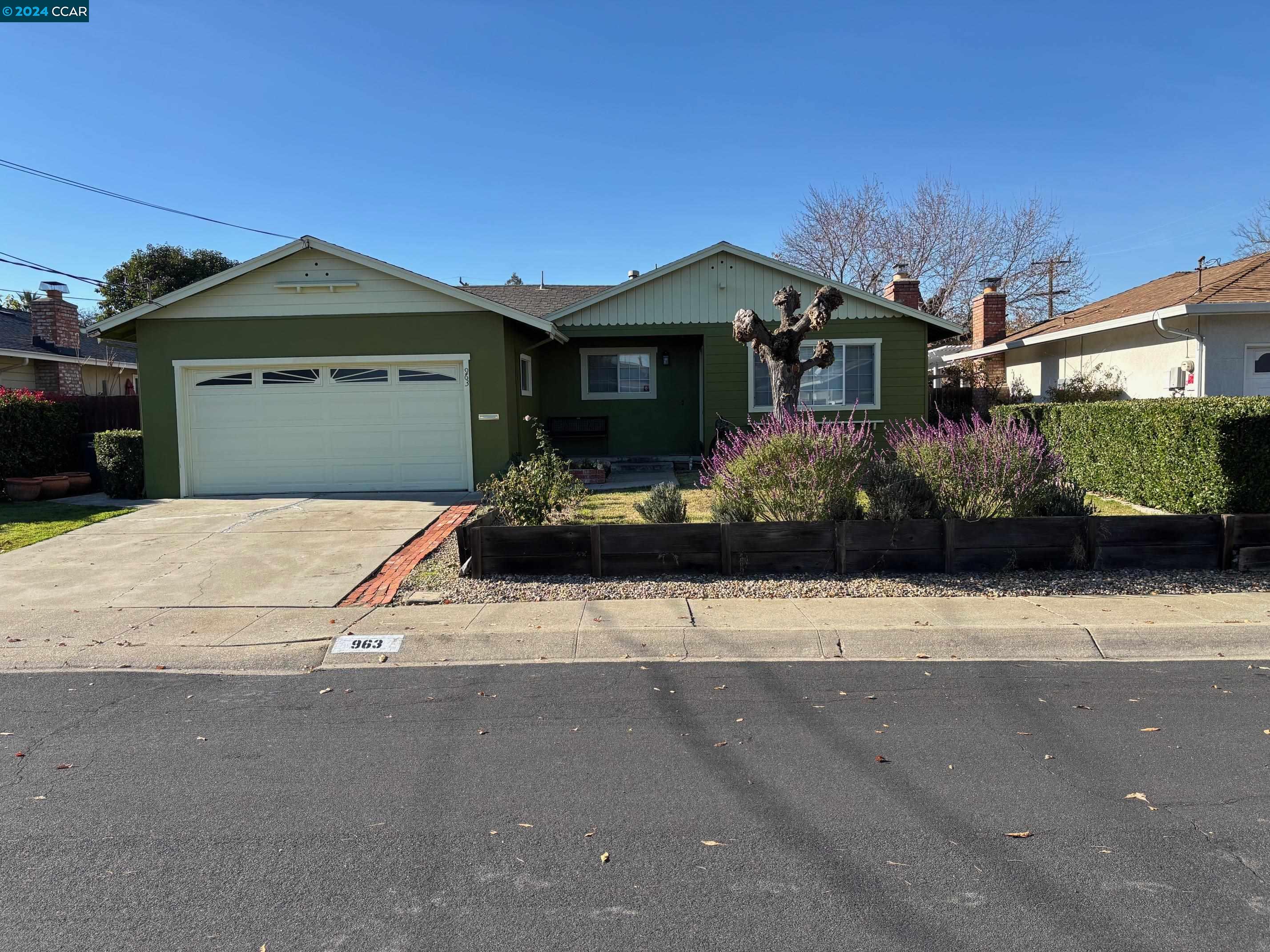 a front view of a house with a yard and a garage