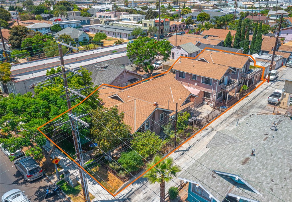 an aerial view of a house with a garden