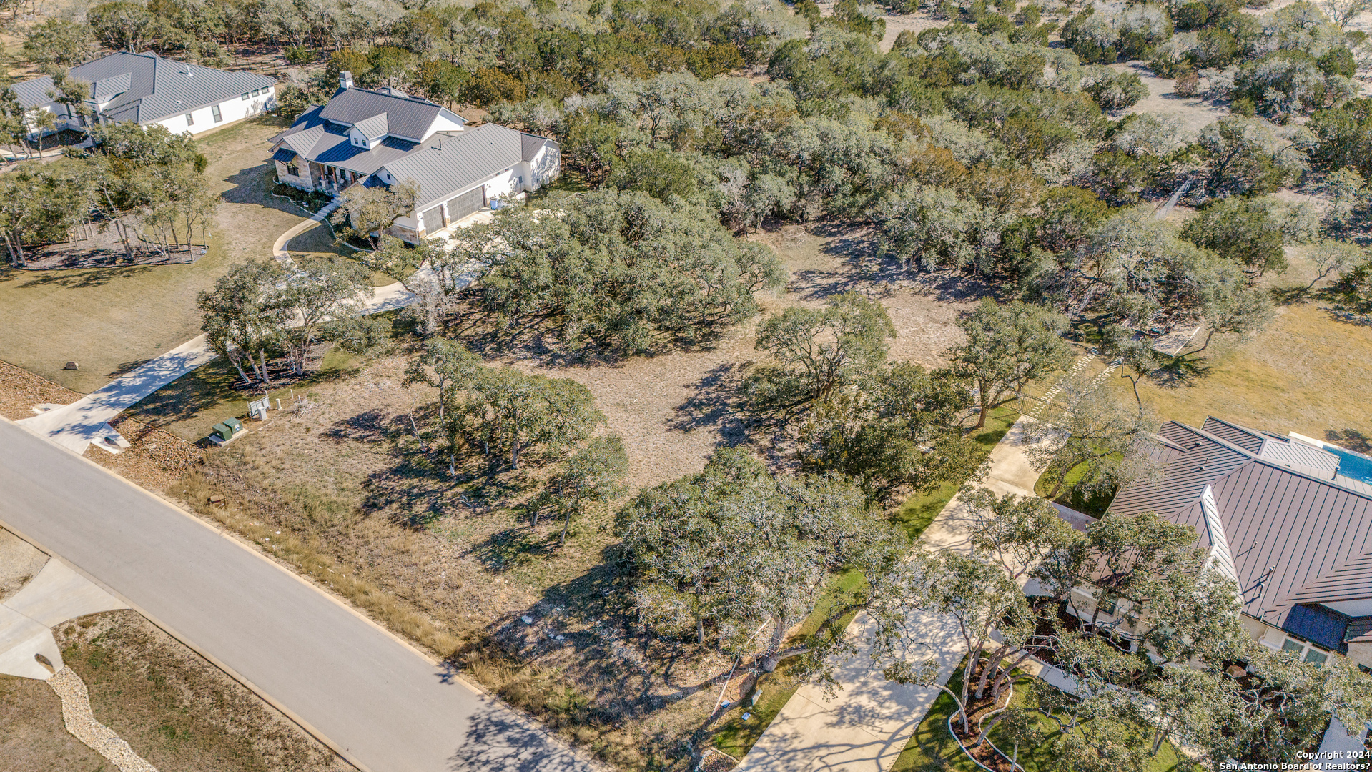 a aerial view of a house with a yard and large trees