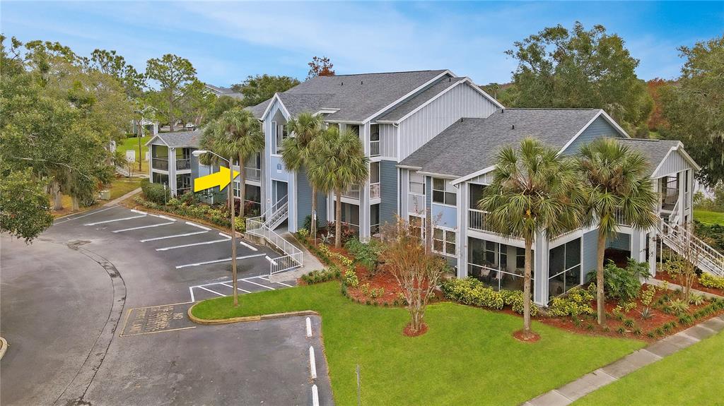 a aerial view of a house with swimming pool lawn chairs and a yard