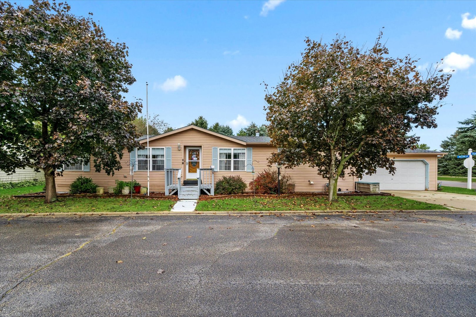 a front view of a house with a yard and trees