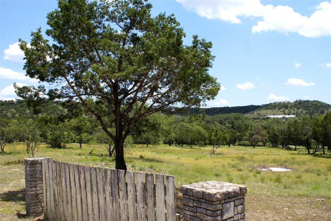 a view of a garden with wooden fence