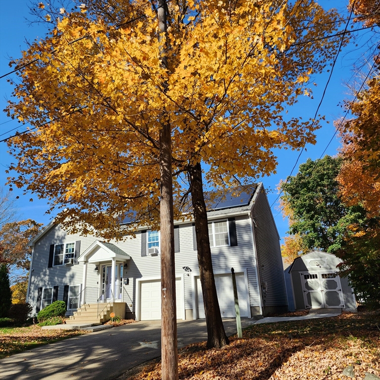 a front view of a house with large trees