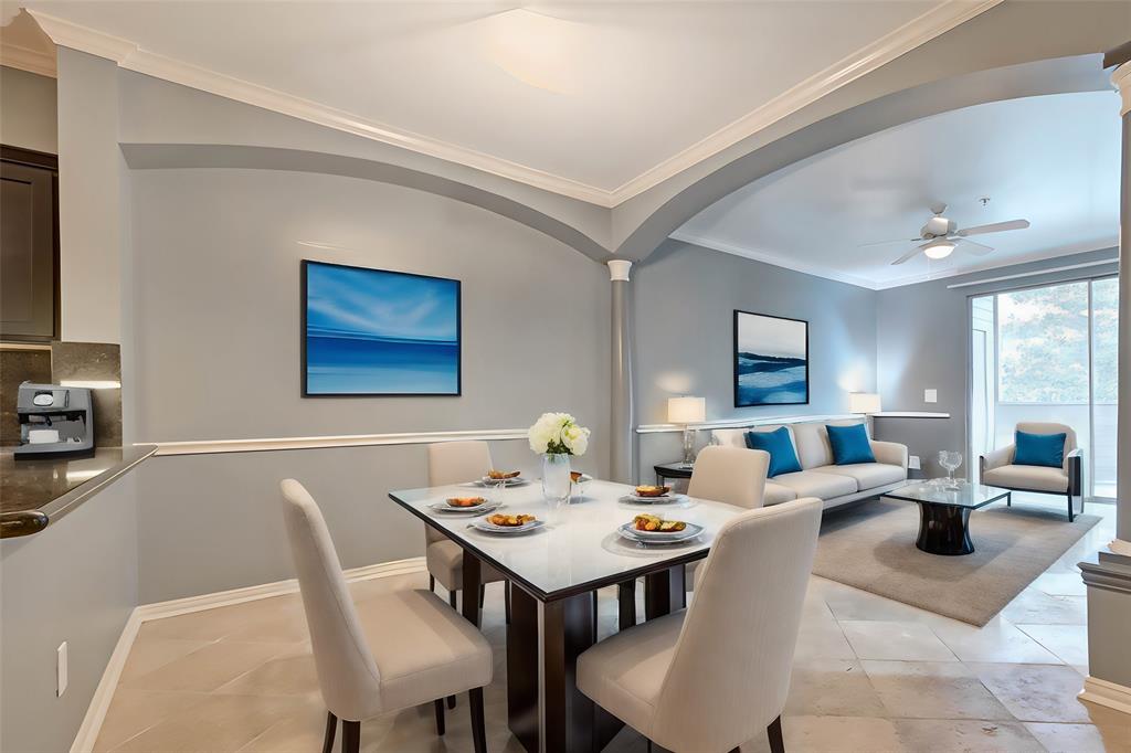 a view of a dining room with furniture