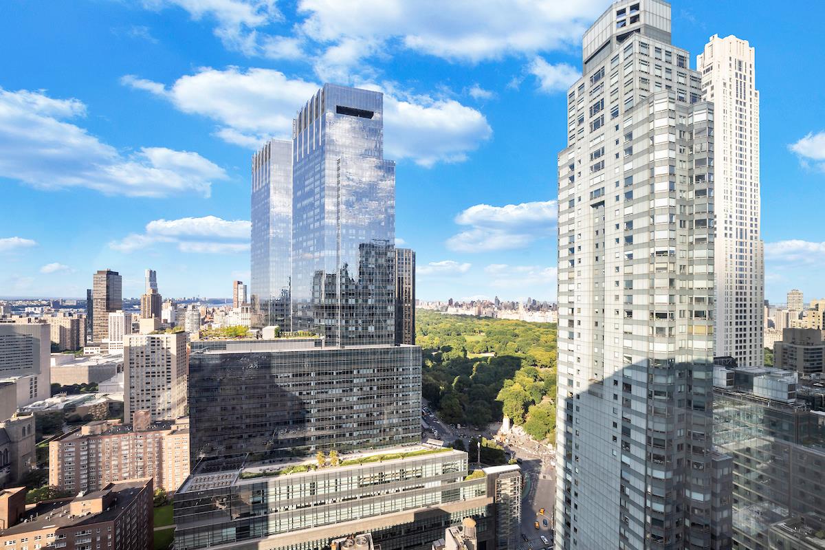 a city view with tall buildings