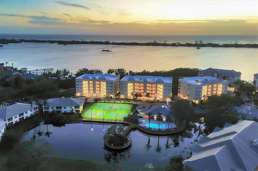 a aerial view of a house with swimming pool and lake view