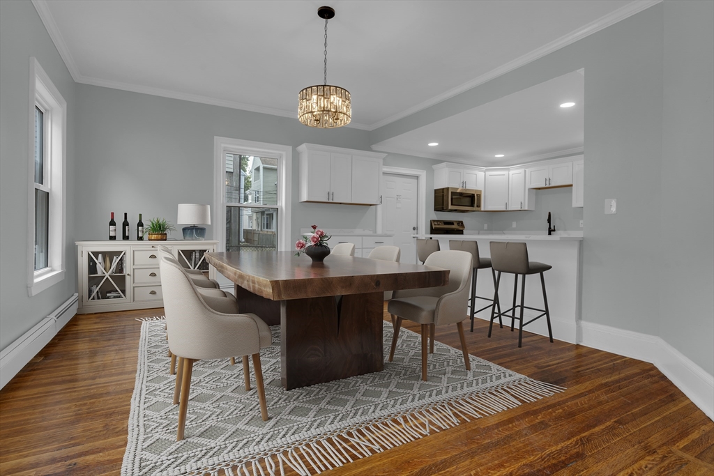 a view of a dining room with furniture