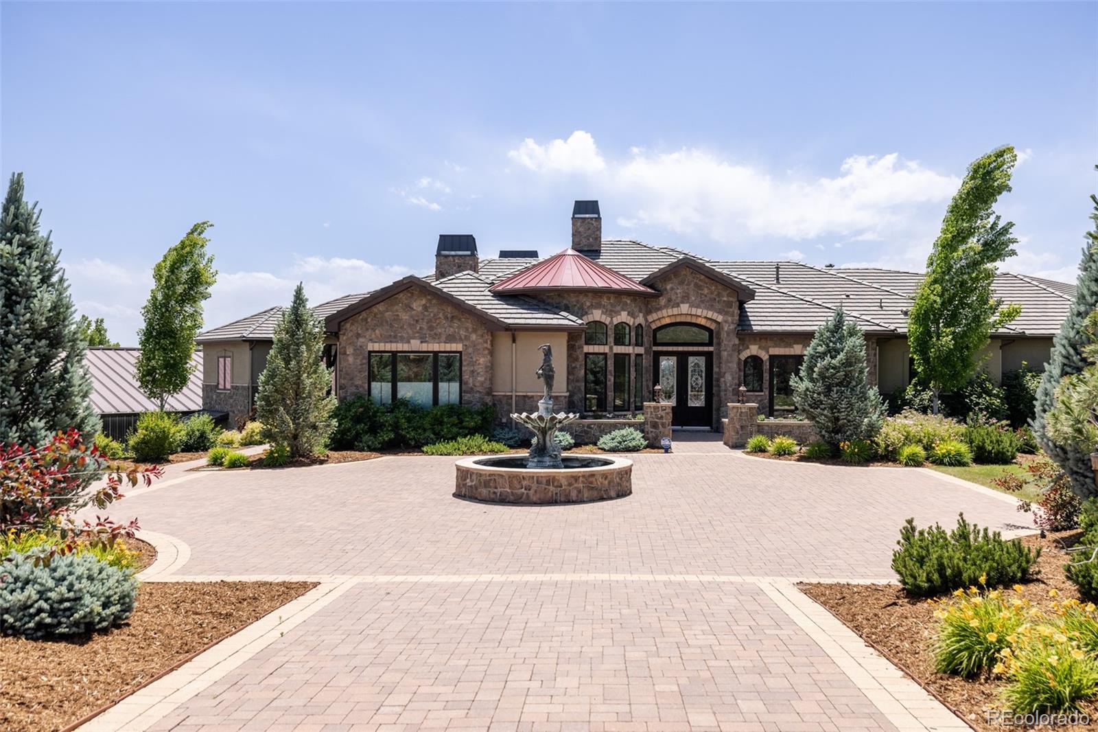 a front view of a house with yard and green space