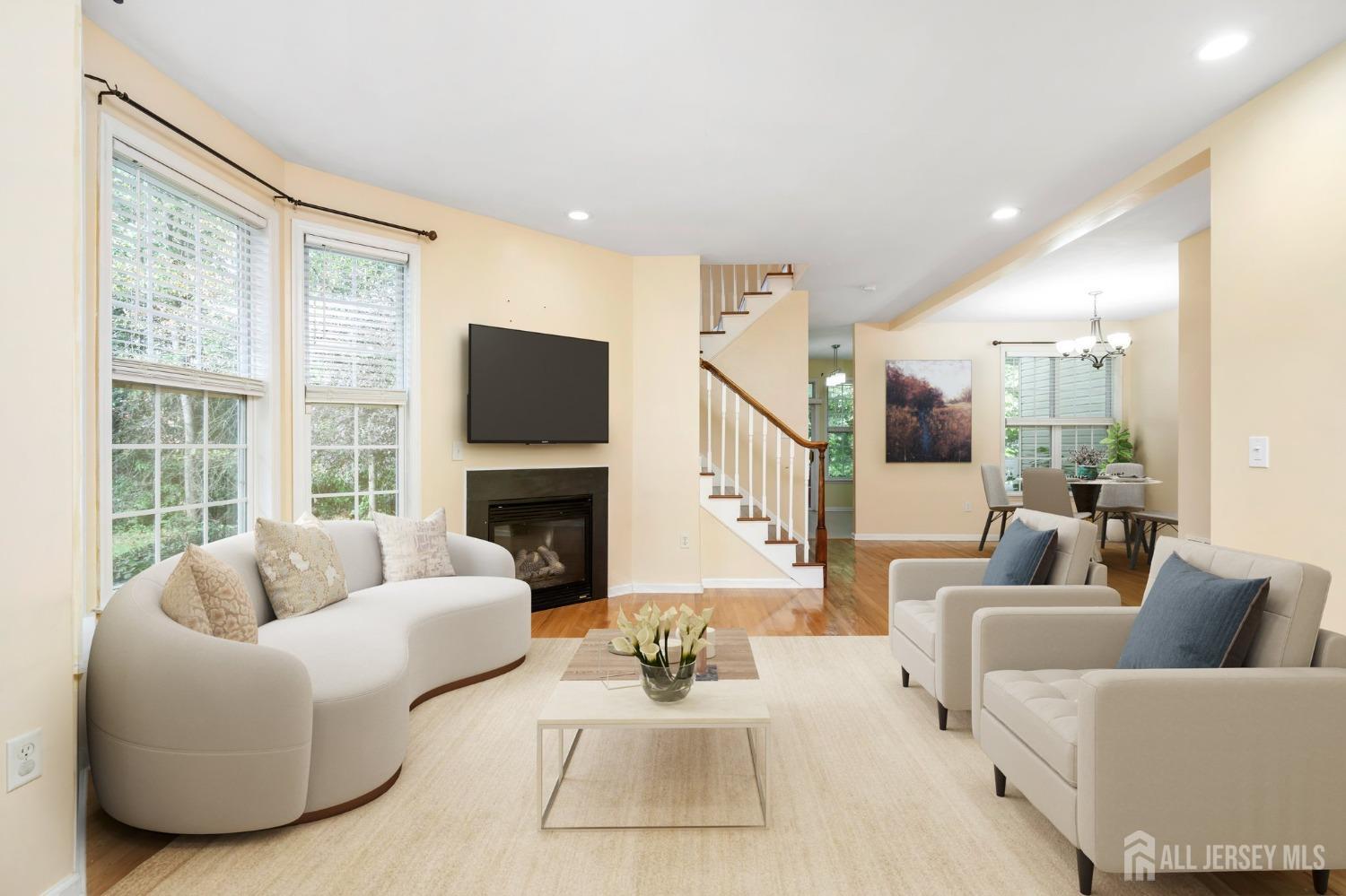 a living room with furniture large window and a fireplace