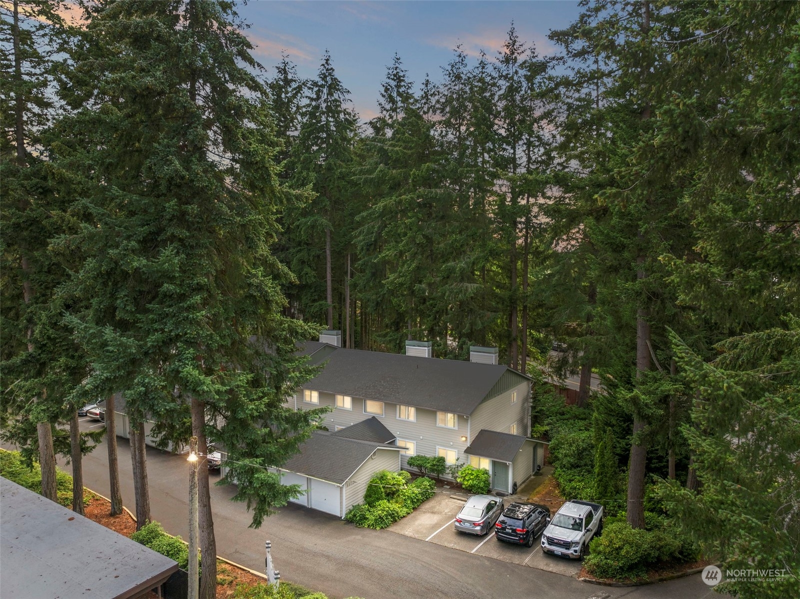 an aerial view of a house with garden