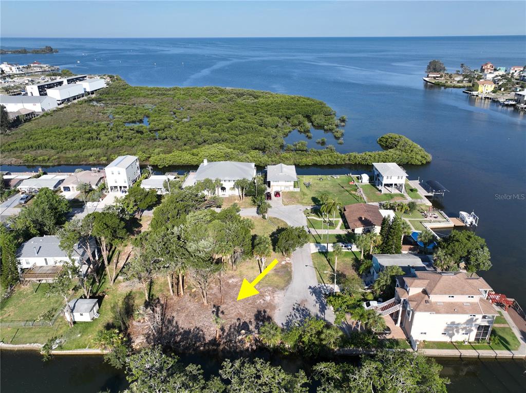 a aerial view of a house with a yard and lake view