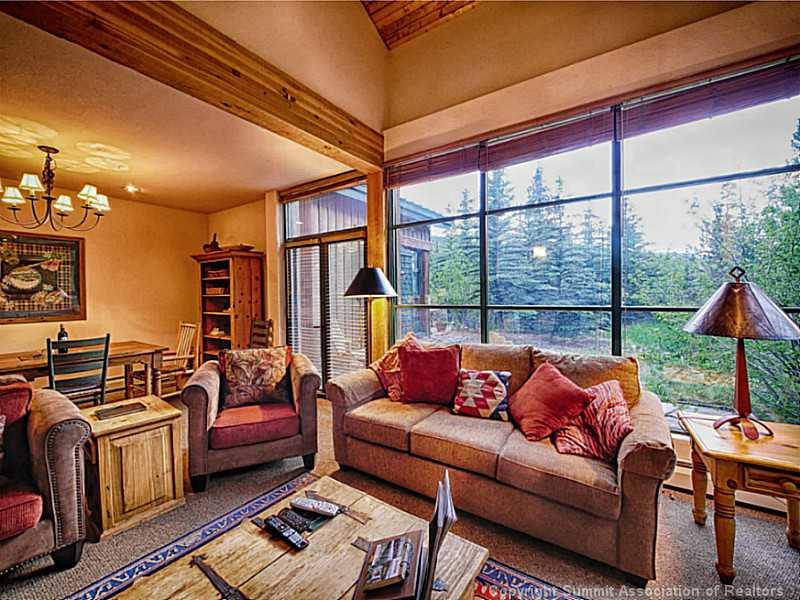 a living room with furniture a rug and a floor to ceiling window