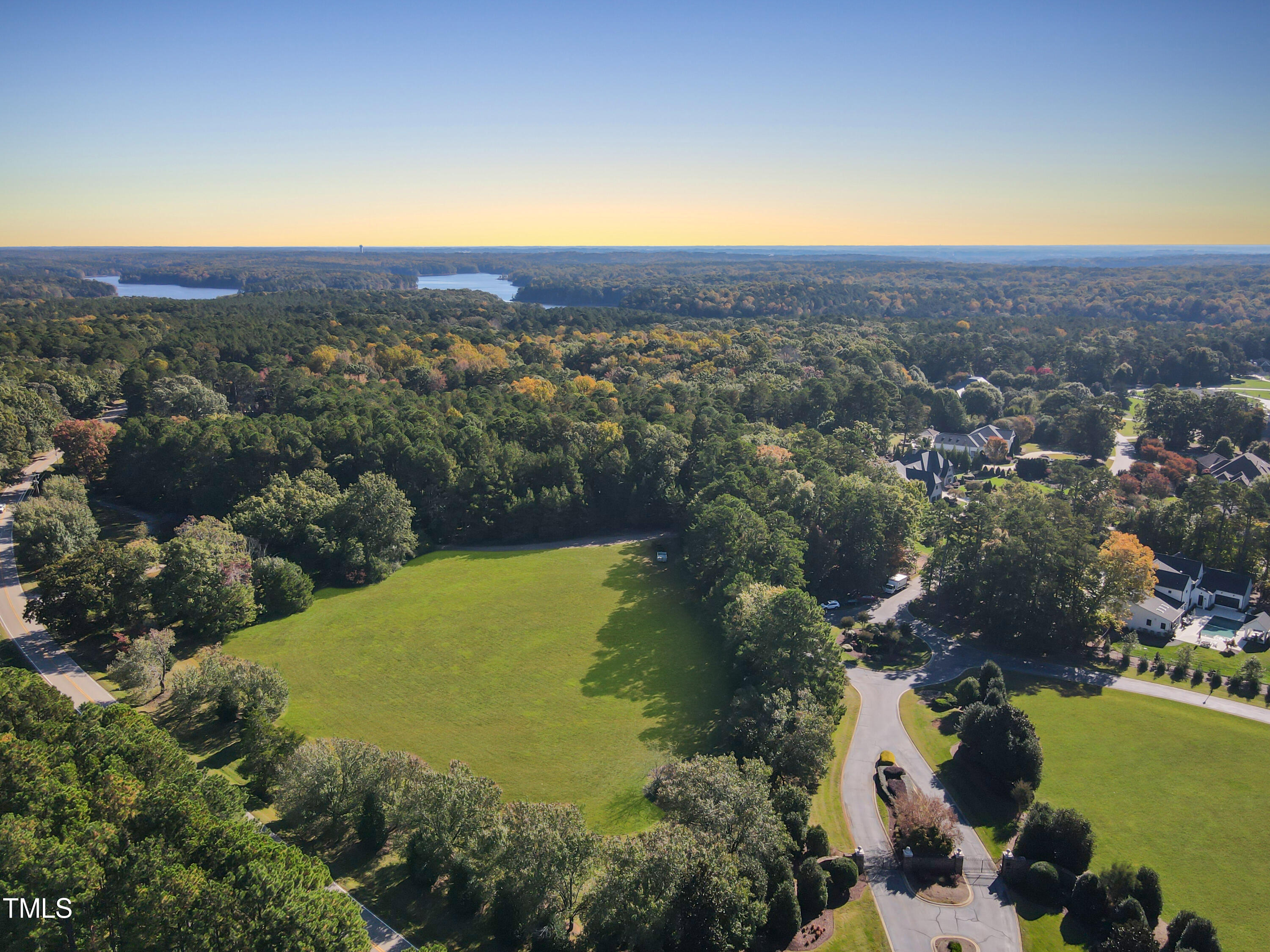 an aerial view of residential houses with outdoor space and trees