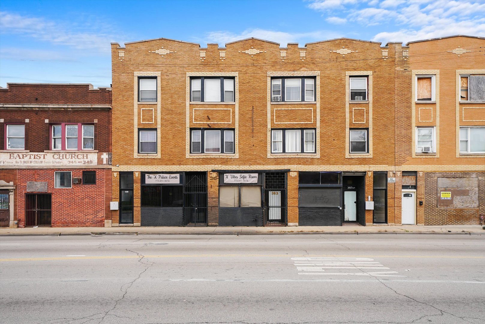 front view of a brick building