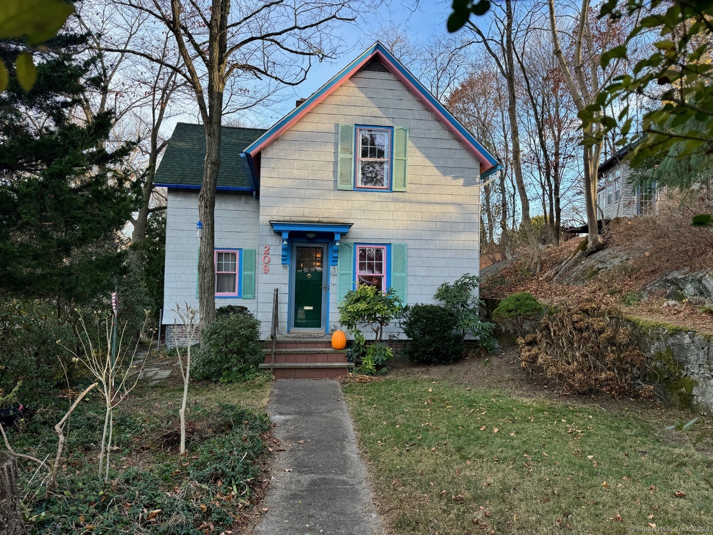 a front view of a house with plants and trees