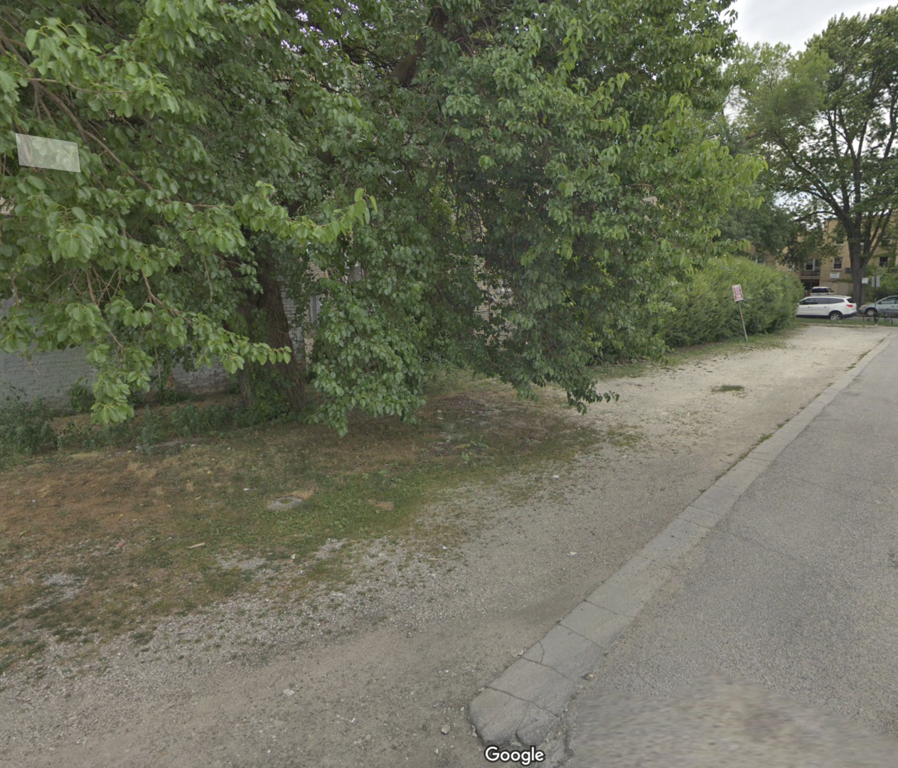 a view of a dirt road with trees in the background