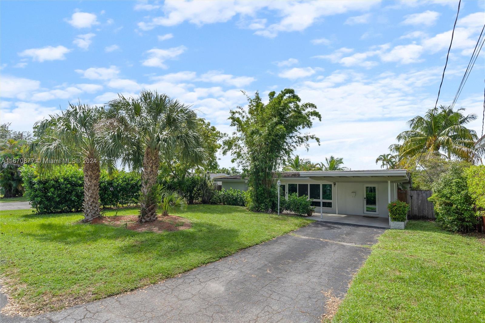 a view of a house with a big yard plants and large trees