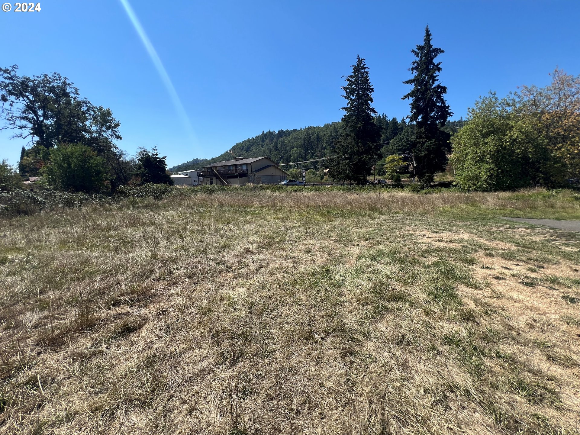 a view of a field with trees in the background