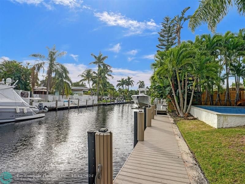 a view of a lake with boats and palm trees