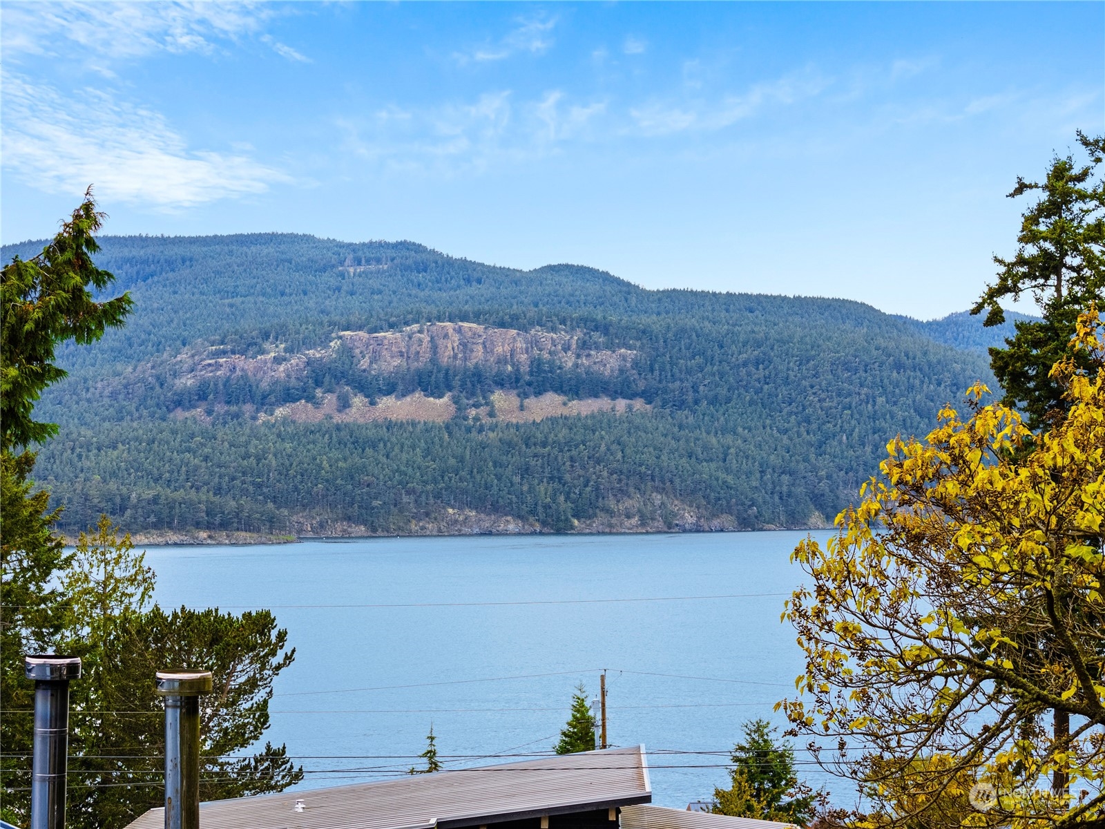 a view of a lake with a mountain in the background