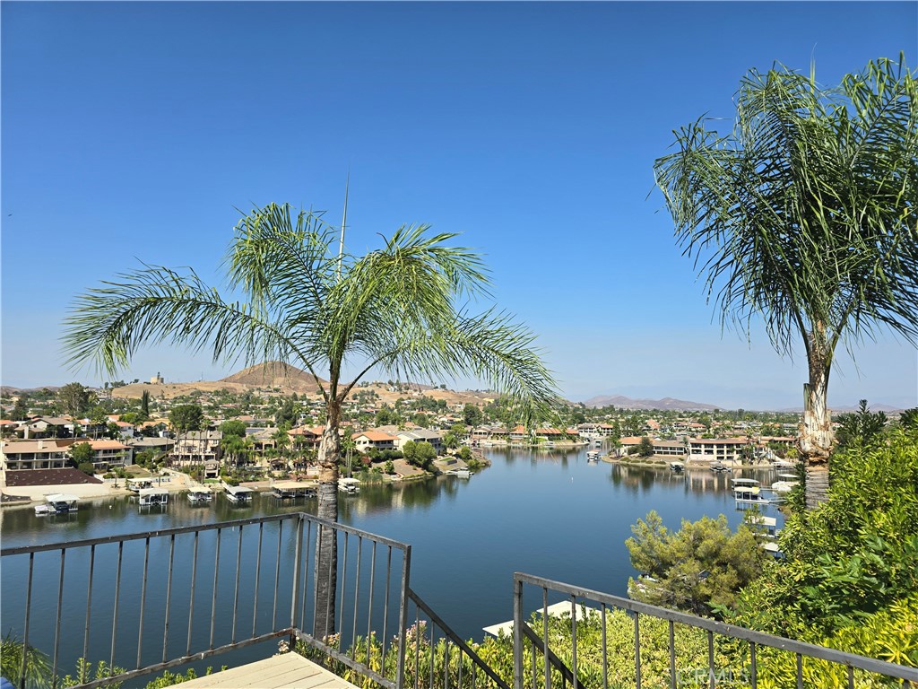 a view of a ocean with palm trees