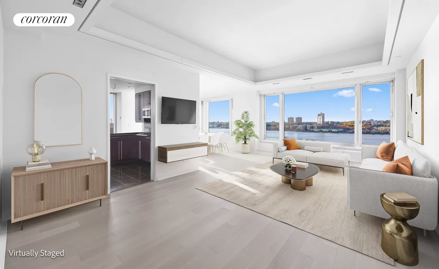 a living room with furniture and a table