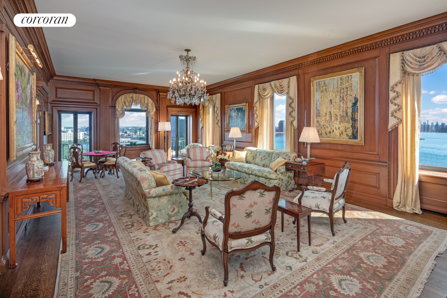 a view of a dining room with furniture window and outside view