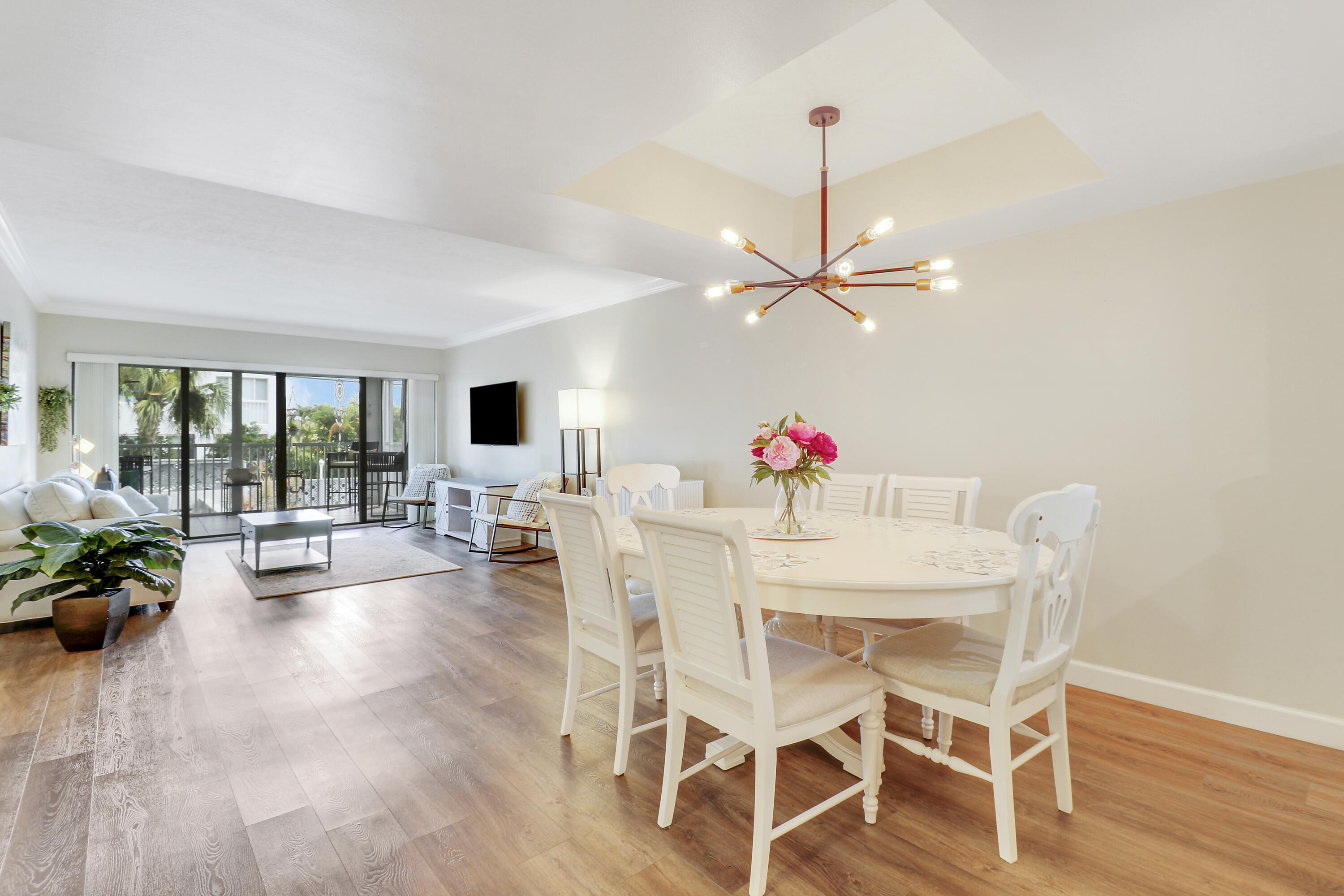 a dining room with furniture potted plants and wooden floor