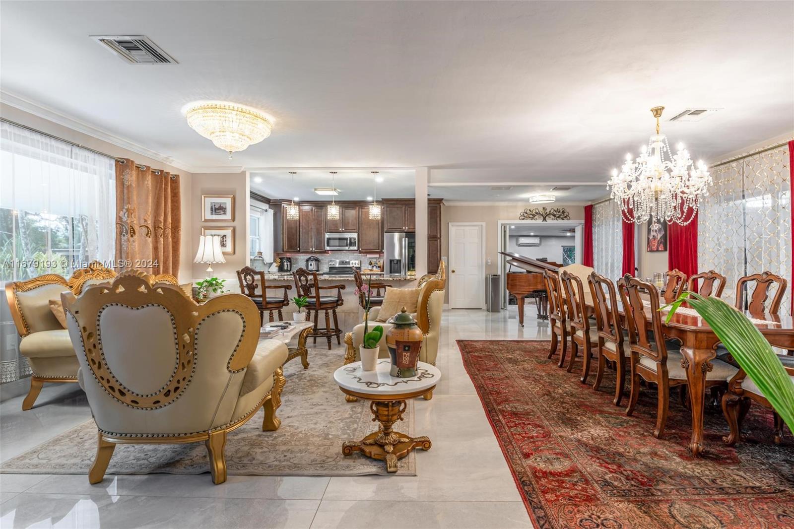 a view of a dining room with furniture