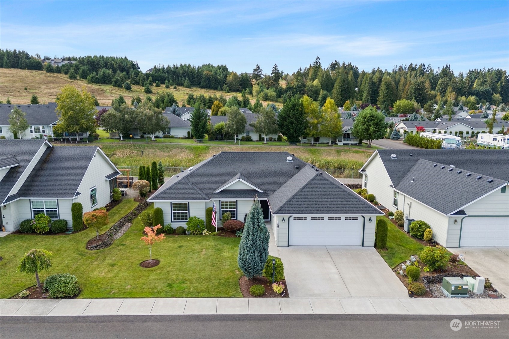 a aerial view of a house with a garden