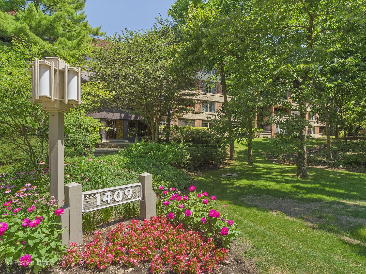 a view of a garden with flowers and trees