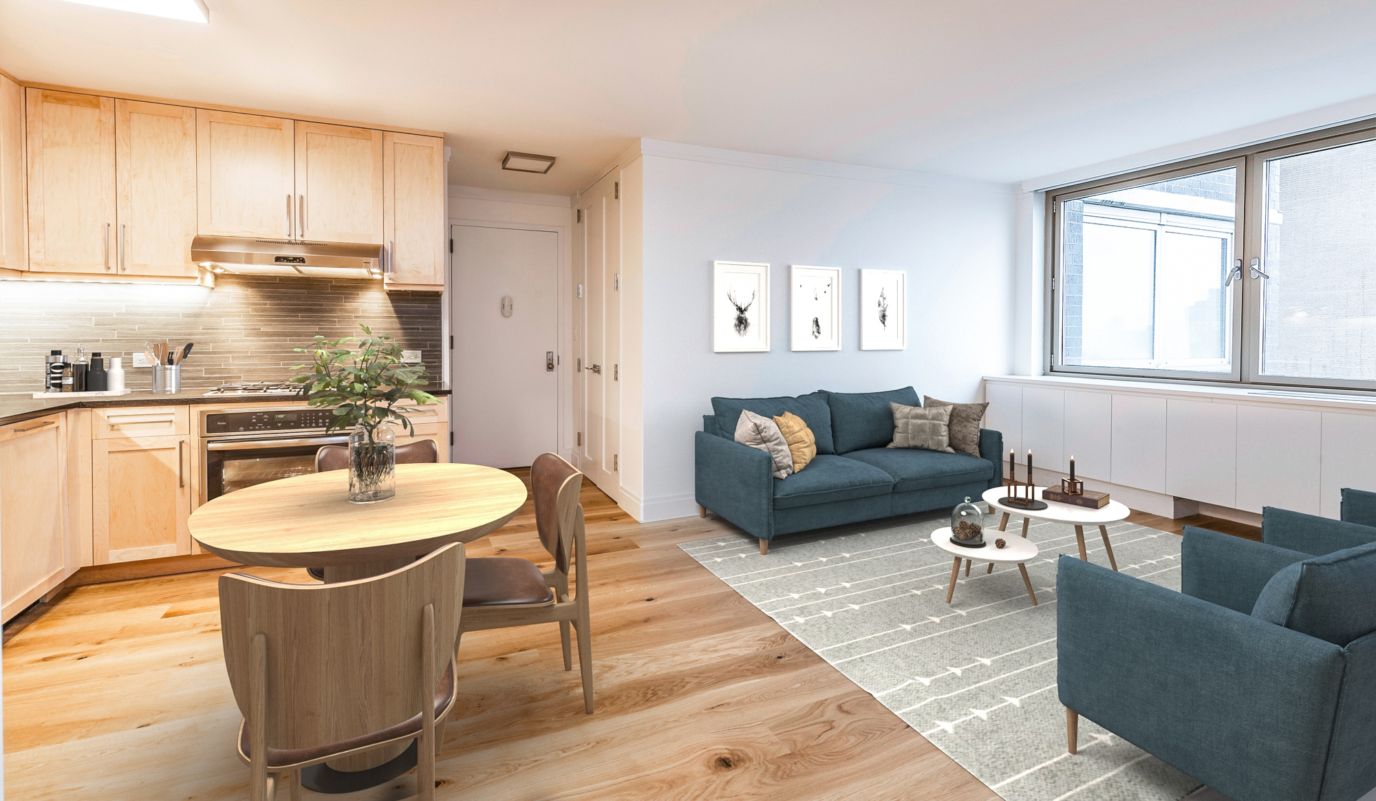 a living room with kitchen island furniture and a wooden floor