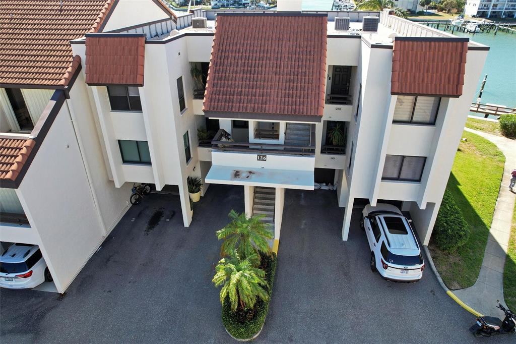 an aerial view of a house with garden