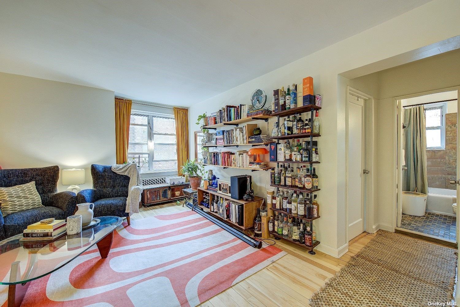 a living room with lots of furniture and a book shelf