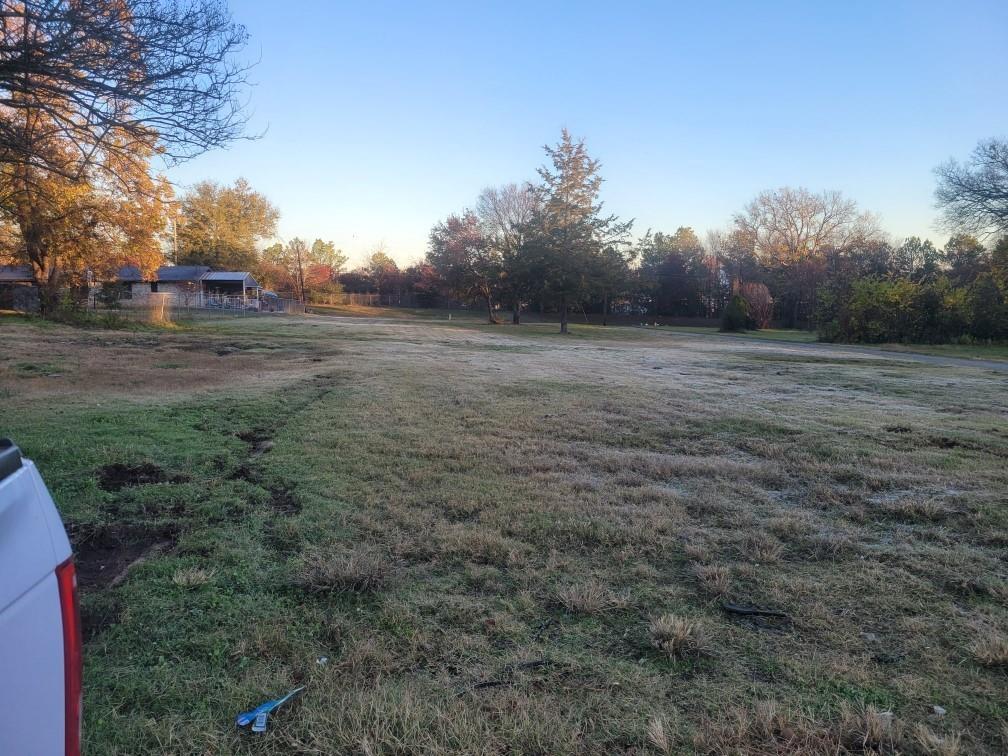 a view of dirt field with large trees