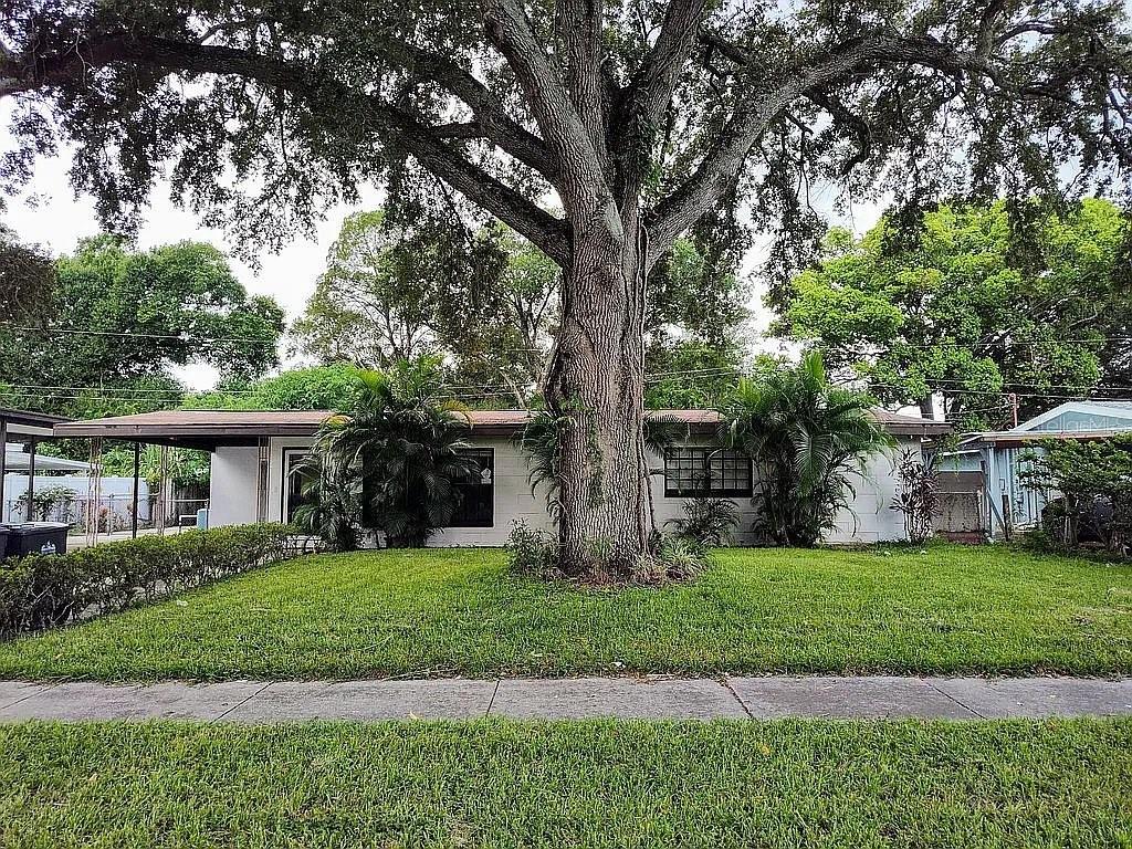 a front view of house with yard and green space