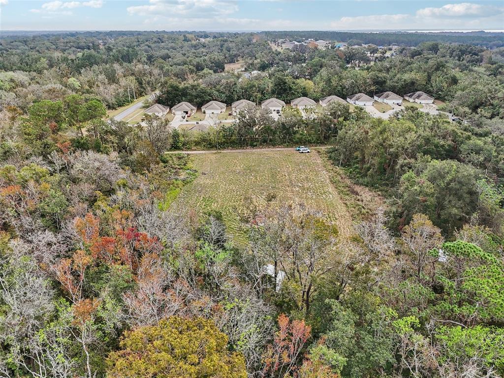 an aerial view of residential houses with outdoor space and trees