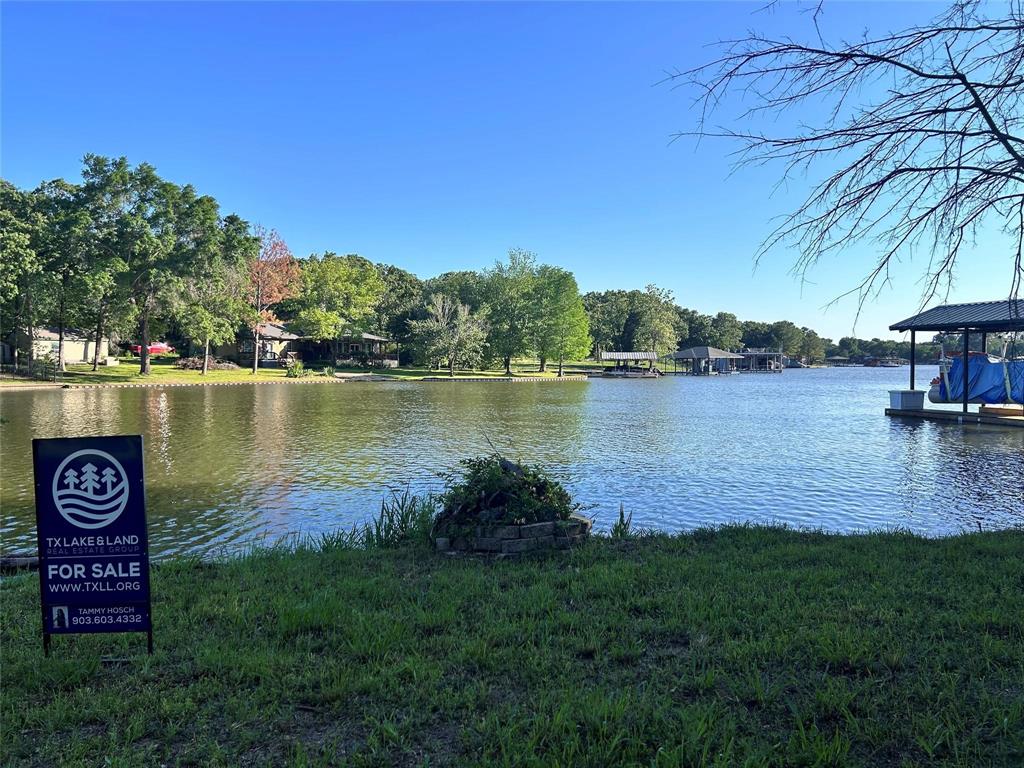 a view of a lake with houses in the back