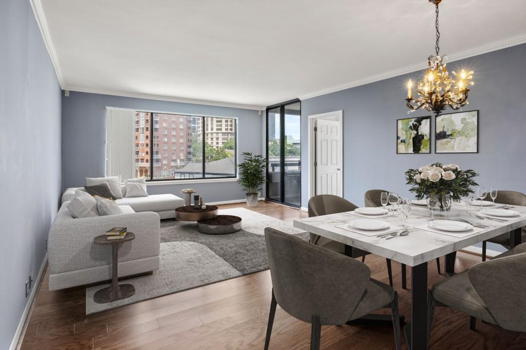 a view of a dining room with furniture window and outside view