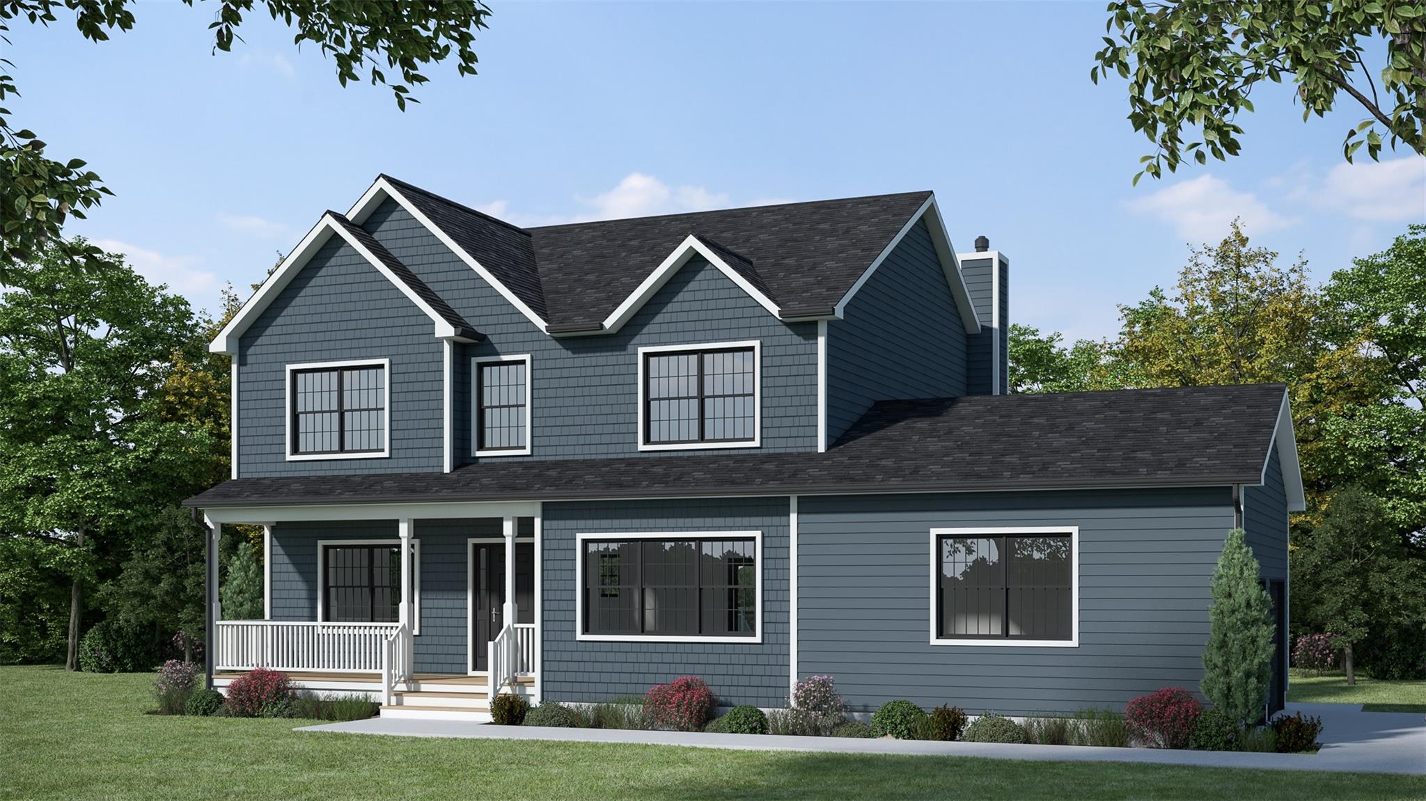 View of front of house with covered porch and a front yard