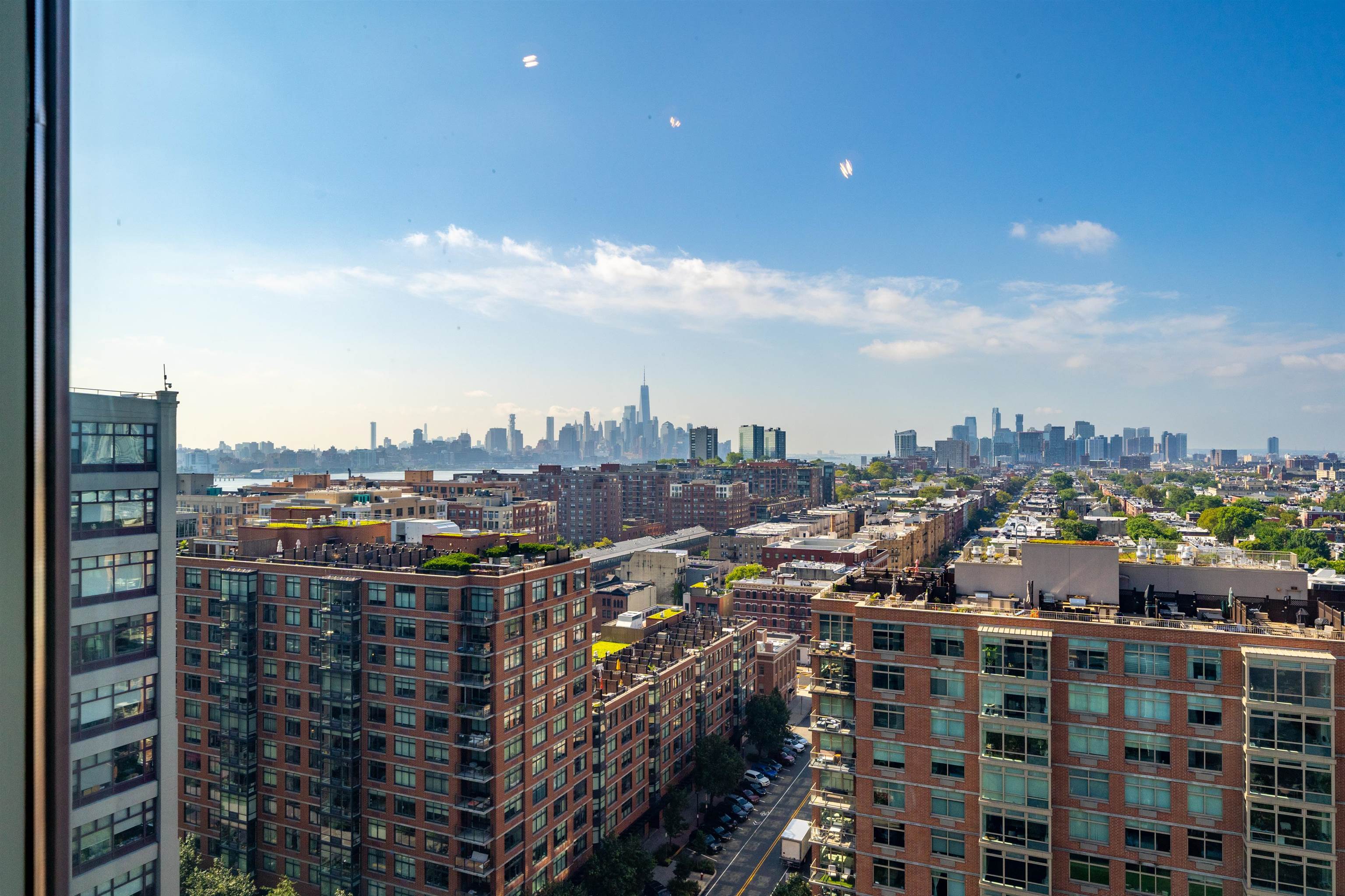 a city view with tall buildings