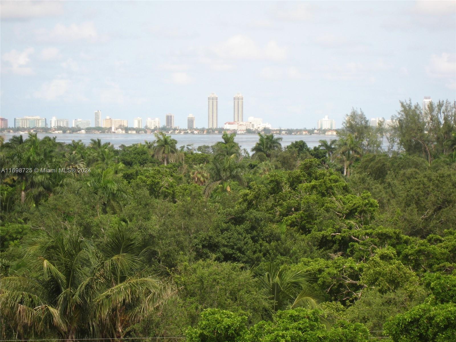 a view of a city with lush green forest