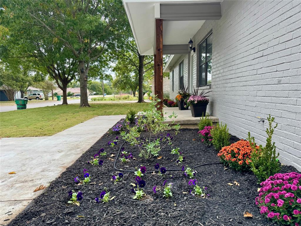 a front view of a house with a yard and fountain