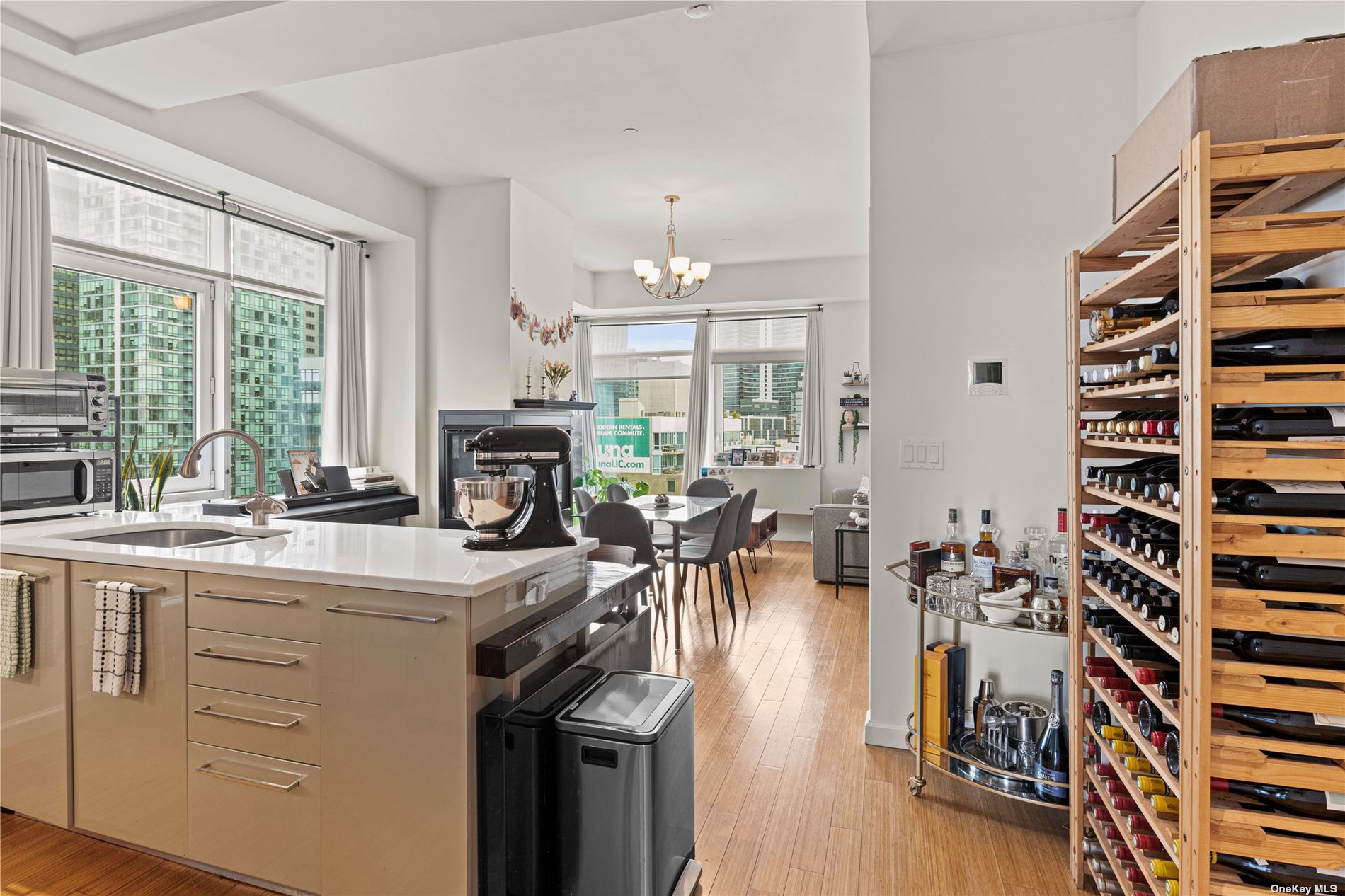 a kitchen with appliances a counter space and a view of living room