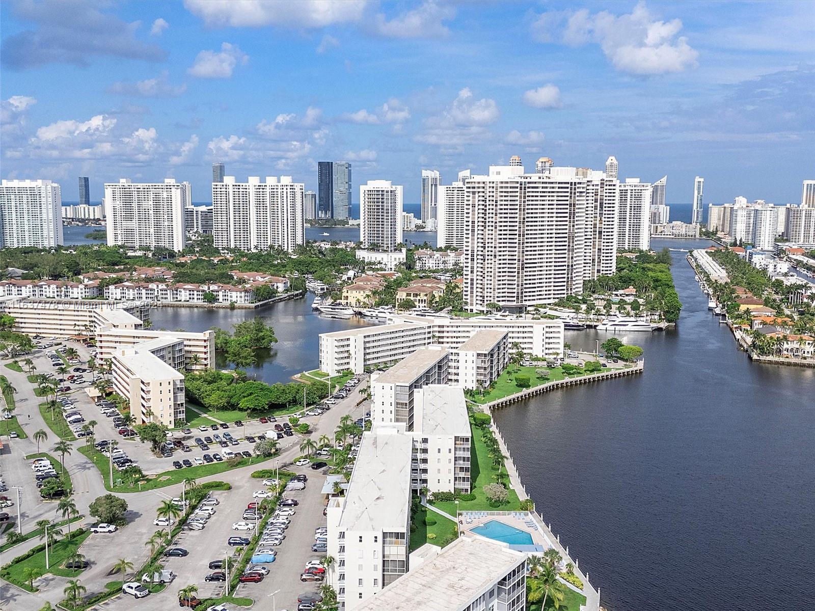 a city view with tall buildings