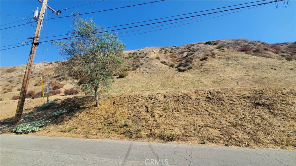 a view of a dry yard with mountain view