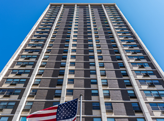 a view of a building with windows