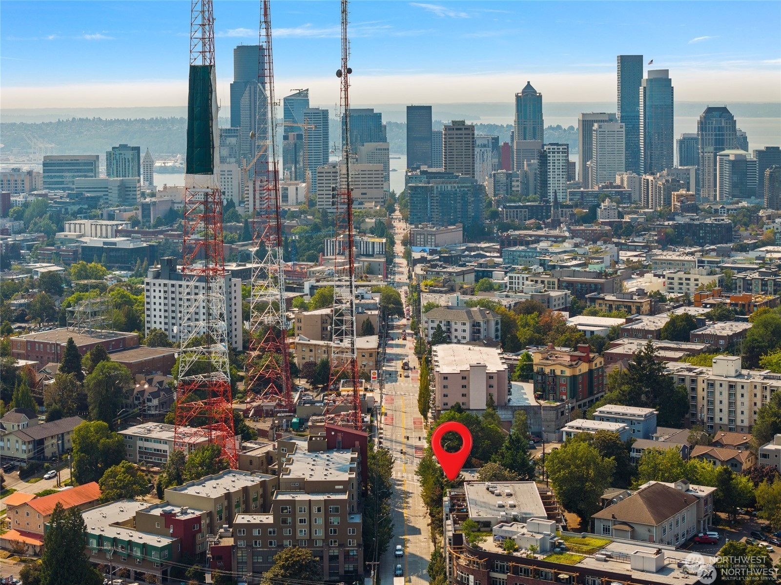 a city view with tall buildings