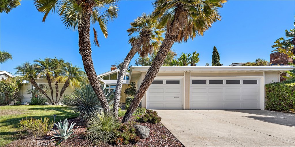 a view of a house with a yard and palm trees